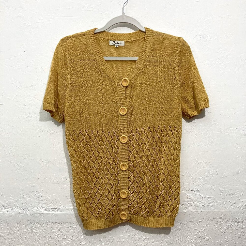 vintage Carducci Knit Top Stretch Short Sleeve Y2K Mustard Button Up Preppy L